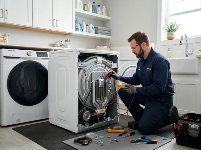 Appliance Repair Hero technician checking a dryer heating element with the rear panel off in Ancramdale, NY