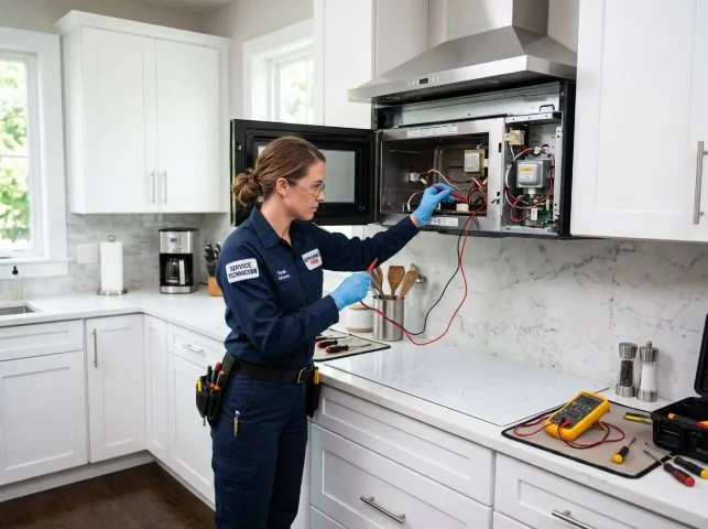 Appliance Repair Hero technician testing an over-the-range microwave in a Ancramdale, NY kitchen