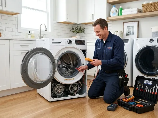 Appliance Repair Hero technician testing a front-load washer with a multimeter on a Ancramdale, NY service call
